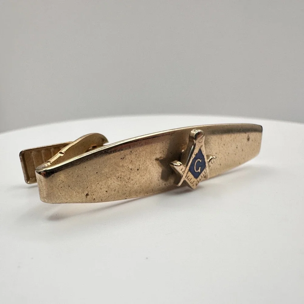 Vintage 90s Masonic Cufflinks & Tie Bar Set Gold Tone Blue Enamel Square Compass
